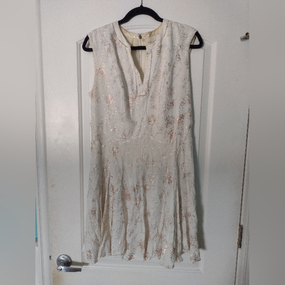 Rebecca Taylor white dress notch neckline rose gold pattern size 10